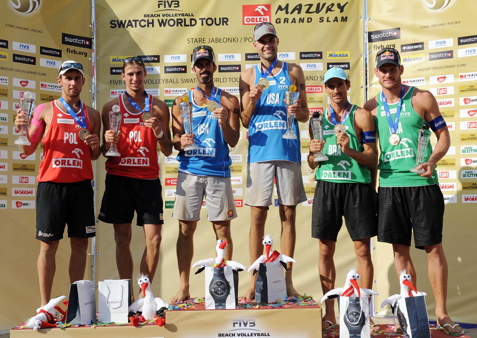 Podium po porywającym finale turnieju World Tour w którym Grzegorz Fijałek i Mariusz Prudel przegrali z Toddem Rogersem i Philem Dalhausserem 1:2/źródło: FIVB